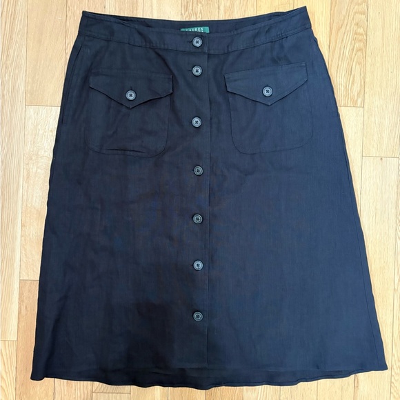 Lauren Ralph Lauren Black Linen Button Front Midi Skirt Quiet Luxury Minimalist - Picture 2 of 7